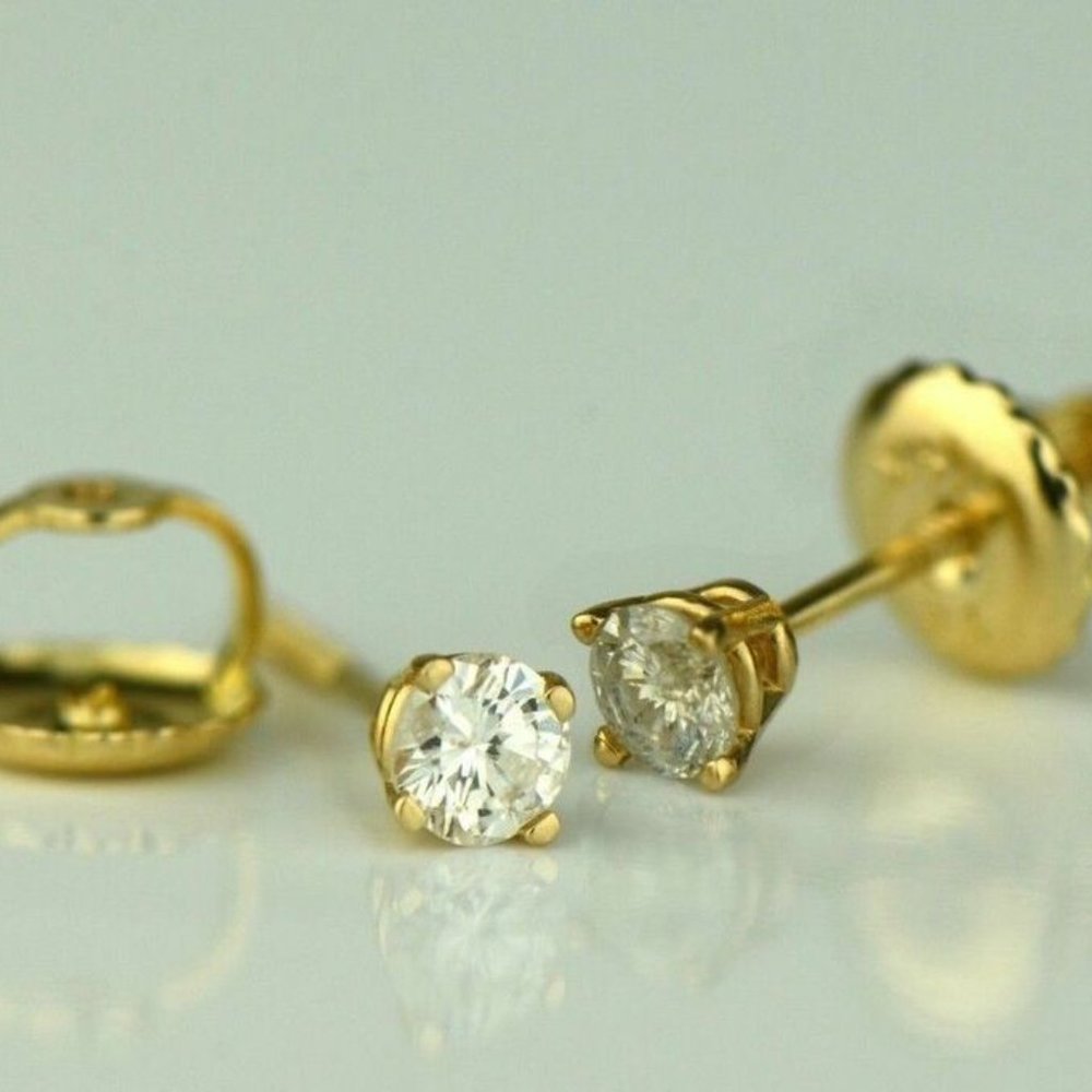 Authentic 14k Solid Yellow Gold Round Diamond Stu… - image 2